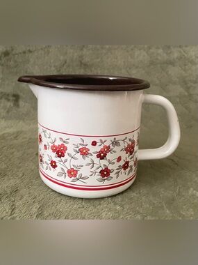 White Floral Vintage Baumann Enamel Pitcher with Brown Rim / Center